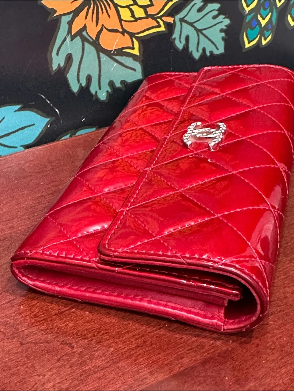 Chanel Classic Red Patent Quilted Long Flap Wallet Silver CC 13 Series